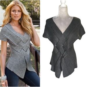 Anthropologie Escio Charcoal Gray Woven Knit Cap Sleeve V-Neck Sweater - M